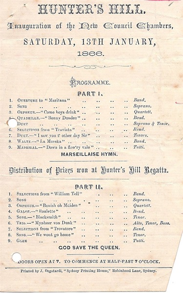 Hunters Hill Town Hall opening programme 1866