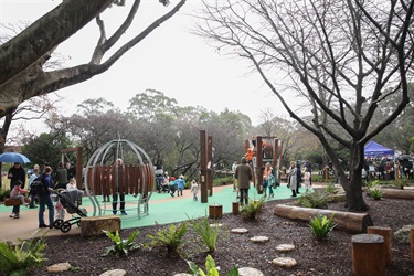 Kigs playing in the new playground at the Grand Reopening of Figtree Park