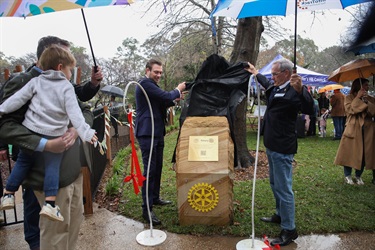Mayor Zac Miles and President of Rotary Club of Hunters Hill, Charles Amos unveiling a Rotary plaque at the Grand Reopening of Figtree Park