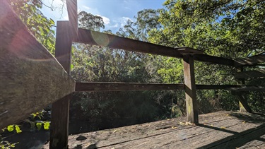 Observation platform that overhangs the Tarban Creek, this location allows you to more closely observe the flying foxes. The lookout platform is made of wood and the sun can be seen filtering in through the trees.