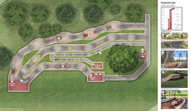 Photo shows the BMX track layout plan. It winds around in many different angles and has numerous jumps and trick locations