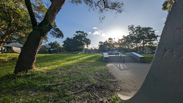 Photo shows the Gladesville Reserve Skatepark from a low angle, set next to one of the larger ramps. The ramp is set in the right of frame and occupies the entire right side. The middle of the frame is occupied by lush grass, as well as a slight incline in the pavement, including a grinding rail and concrete platforms. To the left of the frame is a tree, with another ramp set behind it. The sky is clear and the sun is setting behind the trees that occupy the horizon line.