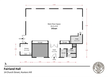 Photo shows the floor plan of Fairland Hall. The main floor space is 142 square meters in area.