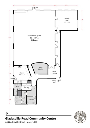 Diagram of the floorplan for the community centre. The Main Floor Space is 147 square meters and the stage area is 4.1 by 3 meters. The diagram shows the kitchen area and the toilet faciities that are situated in the main entrance corridor (to the left as you enter)