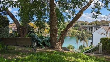 Photo shows the small bench that is situated under the tree at Timbrell Reserve. Tarban Creek can be seen in the bottom right and the Tarban Creek Bridge can be seen in the right of frame.